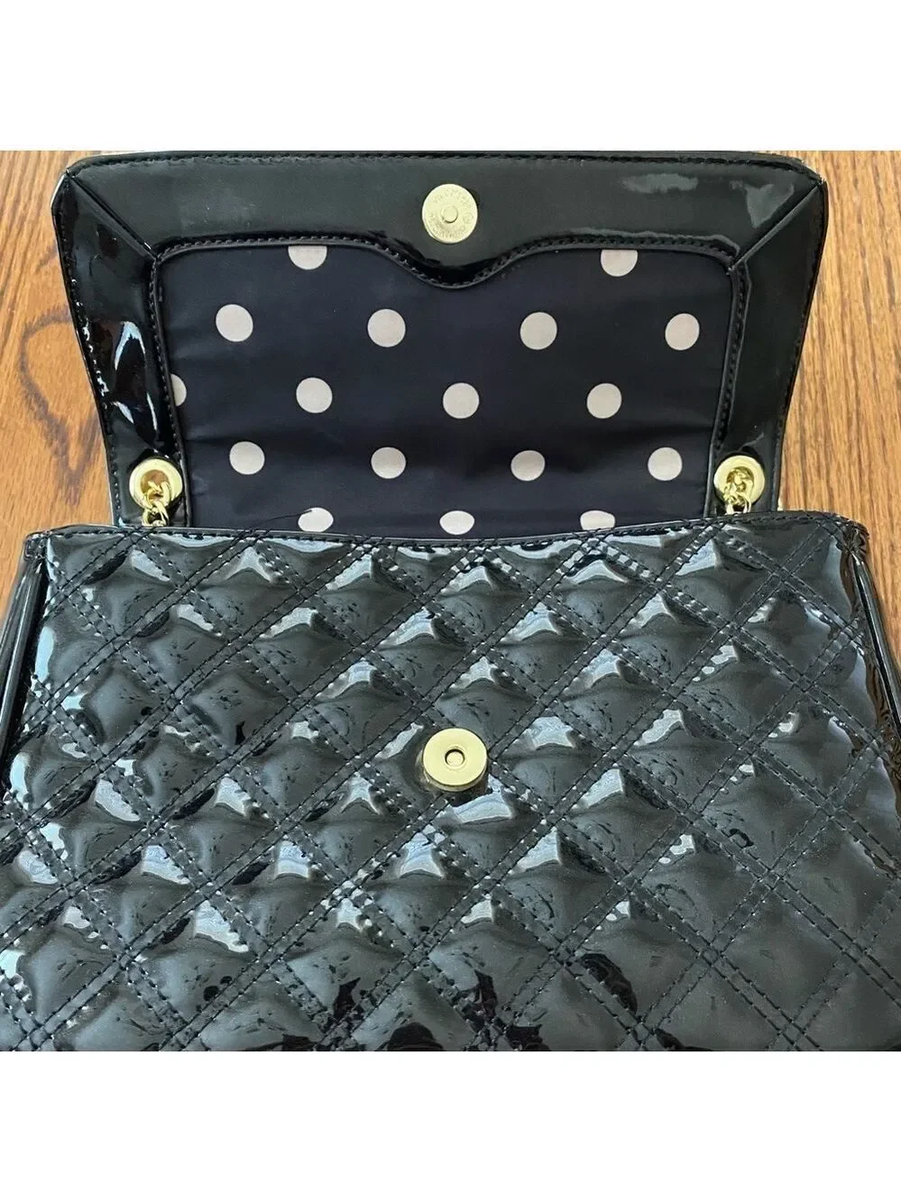 Anne Klein Black Quilted Patent Shoulder Bag Gold Tone Hardware